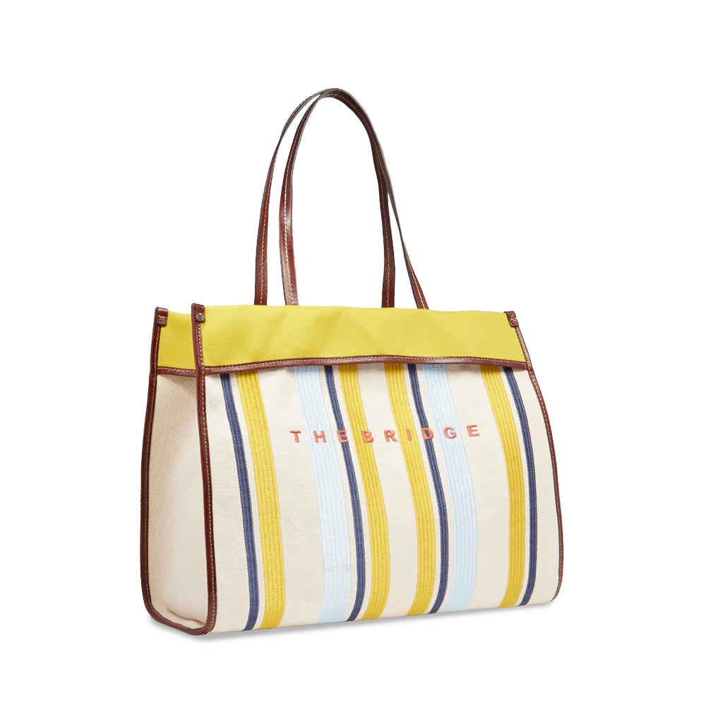 Beach Bag Donna THE BRIDGE linea Elisa Wow in Cotone e Pelle Naturale Marrone e Celeste