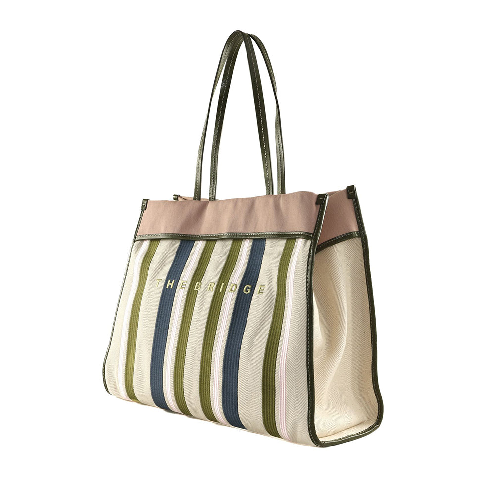 Strandtasche Damen THE BRIDGE Elisa Wow Linie aus Baumwolle und Naturleder Thymian und Rose