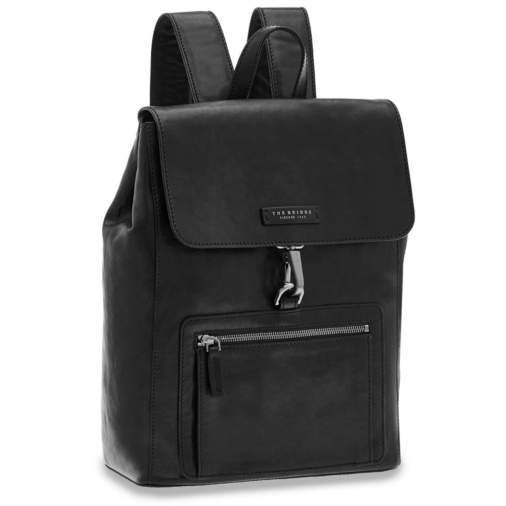 Herrenrucksack mit Klappe THE BRIDGE Alberto-Linie aus schwarzem Leder