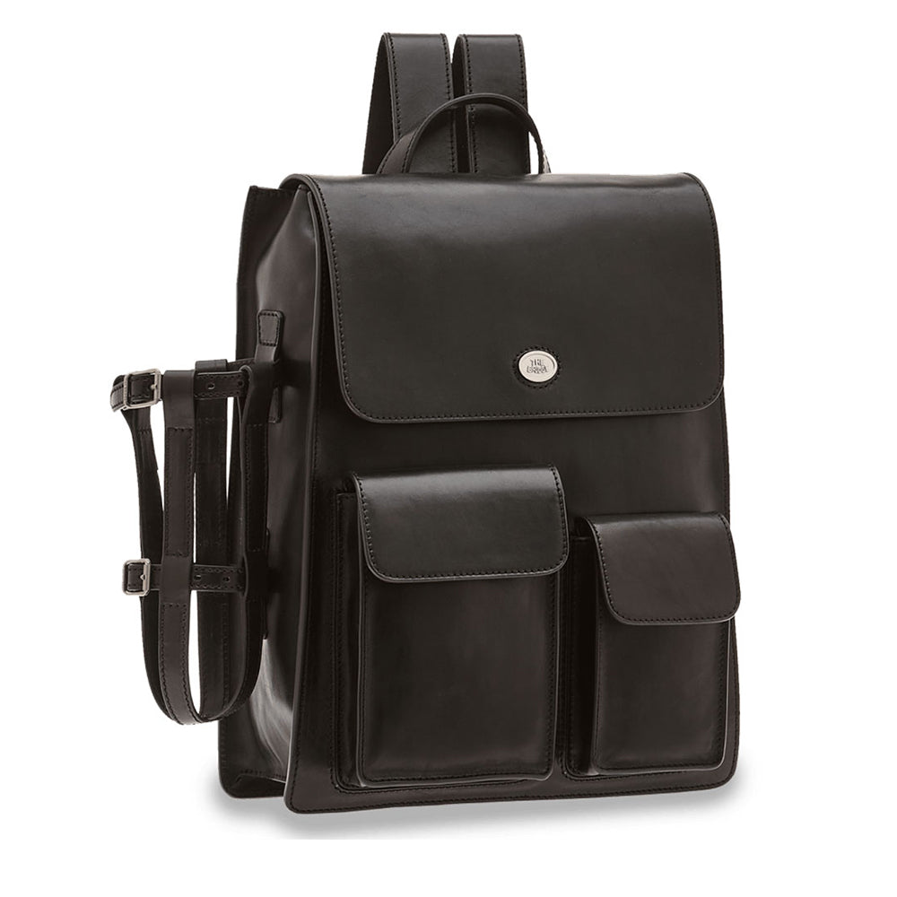 THE BRIDGE Laptop-Rucksack mit Klappe aus schwarzer Leder-Story-Linie