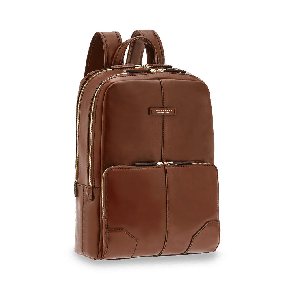 THE BRIDGE Herren-Rucksack mit zwei Fächern aus braunem Leder, Vespucci-Linie
