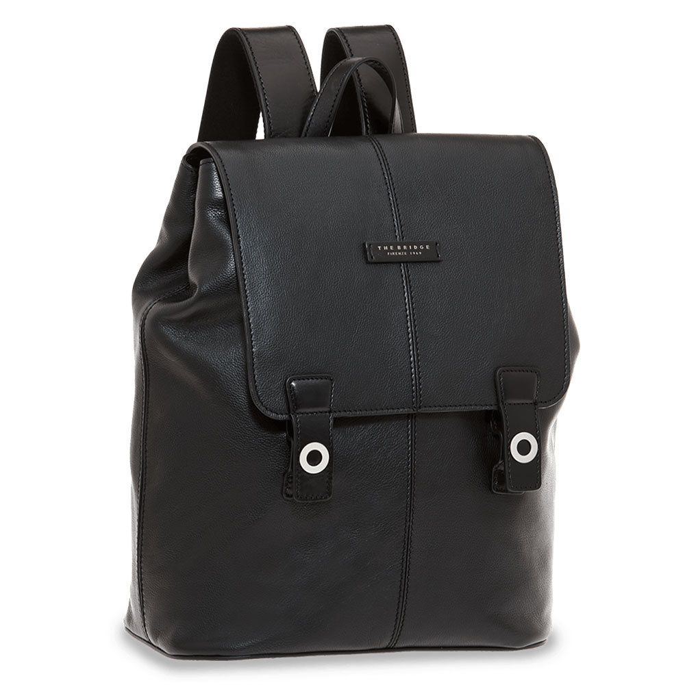 Herrenrucksack mit Klappe THE BRIDGE Biagio-Linie aus schwarzem Leder