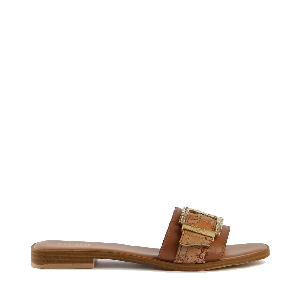 Ciabatte Donna 1A Classe Alviero Martini in Pelle Marrone con Inserto Geo Classic e Fibbia Gioiello 0765