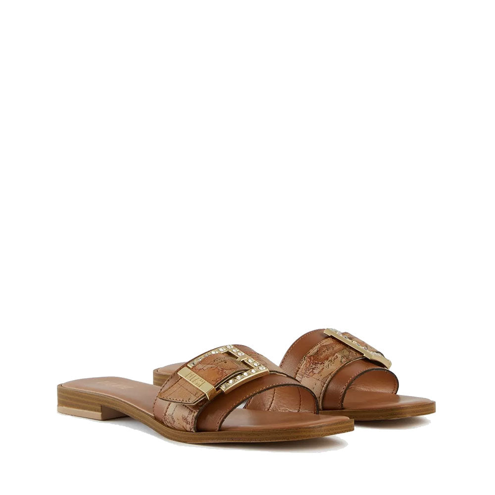 Ciabatte Donna 1A Classe Alviero Martini in Pelle Marrone con Inserto Geo Classic e Fibbia Gioiello 0765