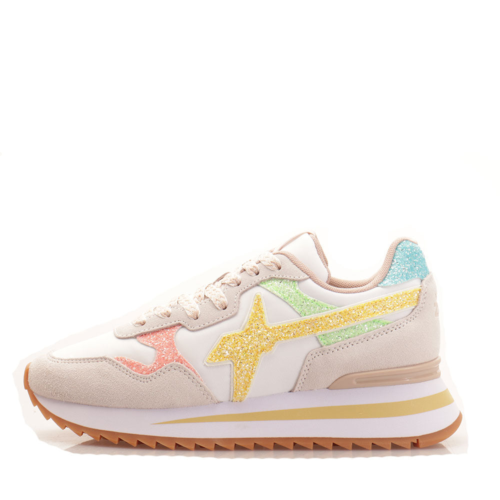 Damenschuhe W6YZ Yak-W Sneakers. aus Wildleder mit Glitzer und Nylon in Weiß, Rosa und Gelb
