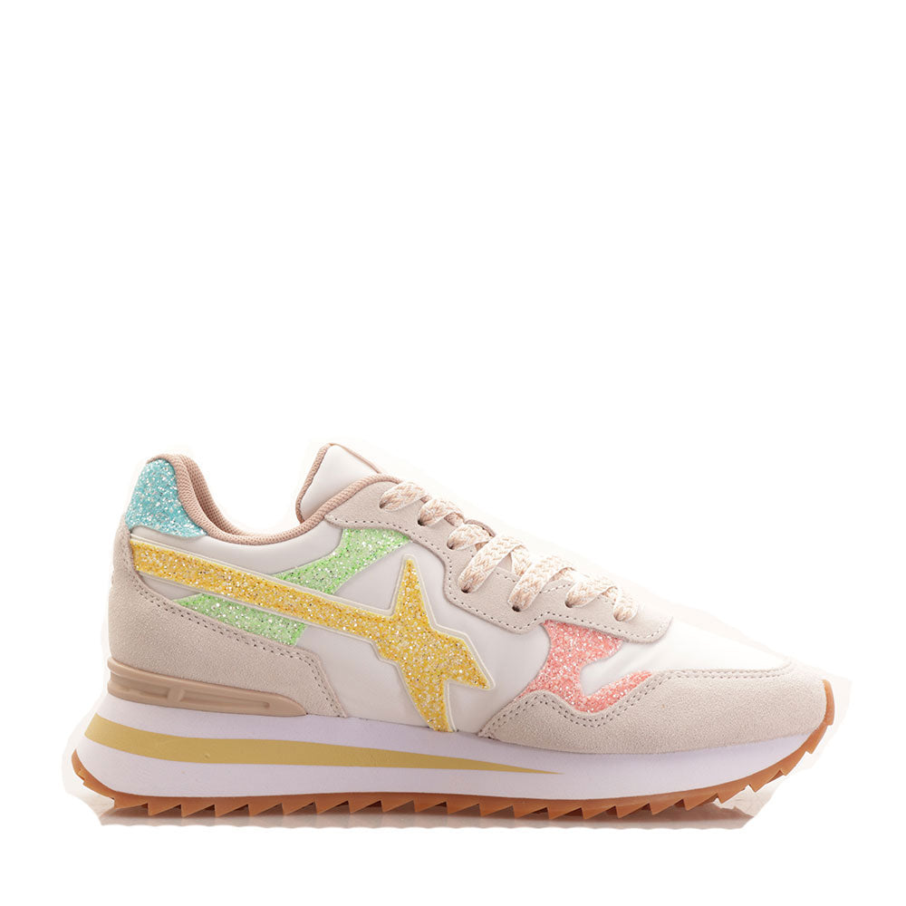 Damenschuhe W6YZ Yak-W Sneakers. aus Wildleder mit Glitzer und Nylon in Weiß, Rosa und Gelb