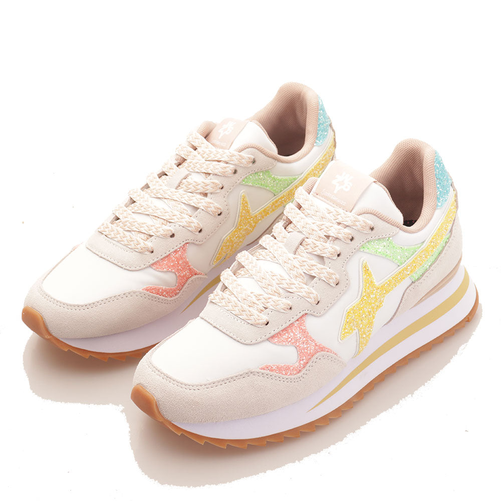 Damenschuhe W6YZ Yak-W Sneakers. aus Wildleder mit Glitzer und Nylon in Weiß, Rosa und Gelb