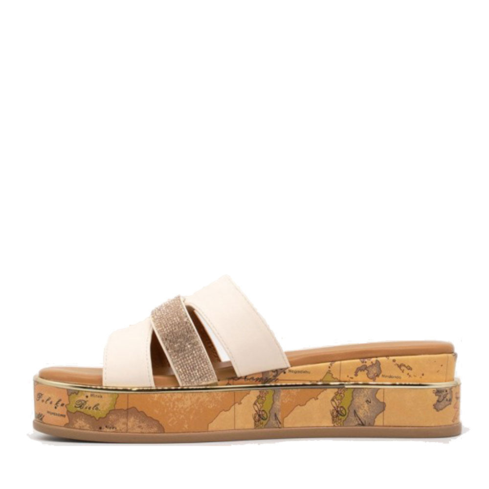 Alviero Martini 1A Classe Plateau-Slipper in Weiß mit Strasssteinen und Geo Classic-Einsatz 2178