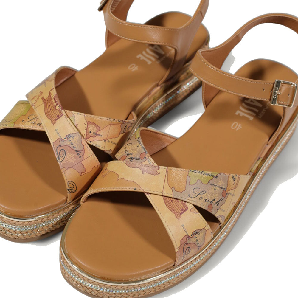 Sandali Platform 1A Classe Alviero Martini stampa Geo Beige con Inserti color Cuoio 2183