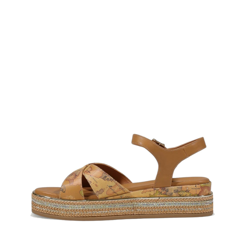 Sandali Platform 1A Classe Alviero Martini stampa Geo Beige con Inserti color Cuoio 2183