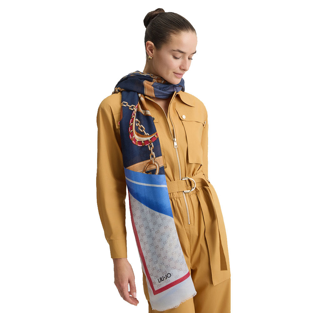 Stola Donna 90 x 180 cm LIU JO Better Blu con Motivo Grafico con Logo