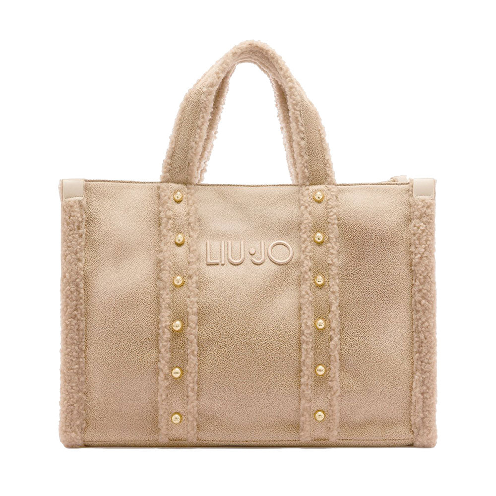Shopping Bag Donna LIU JO in Tessuto Spalmato Effetto Montone e Inserti Teddy Beige Chiaro