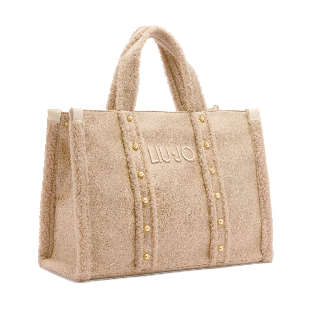 Shopping Bag Donna LIU JO in Tessuto Spalmato Effetto Montone e Inserti Teddy Beige Chiaro