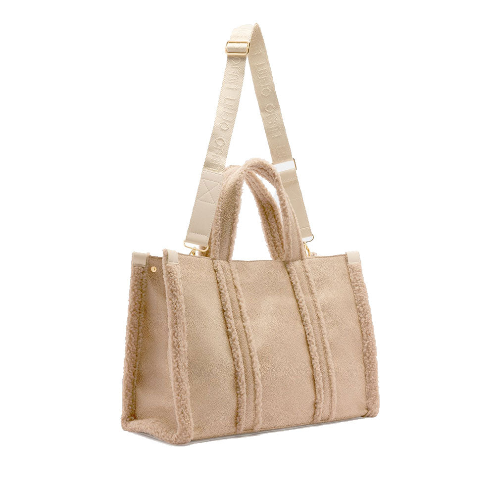 Shopping Bag Donna LIU JO in Tessuto Spalmato Effetto Montone e Inserti Teddy Beige Chiaro