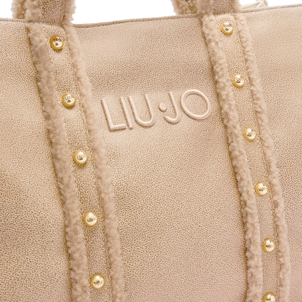 Shopping Bag Donna LIU JO in Tessuto Spalmato Effetto Montone e Inserti Teddy Beige Chiaro