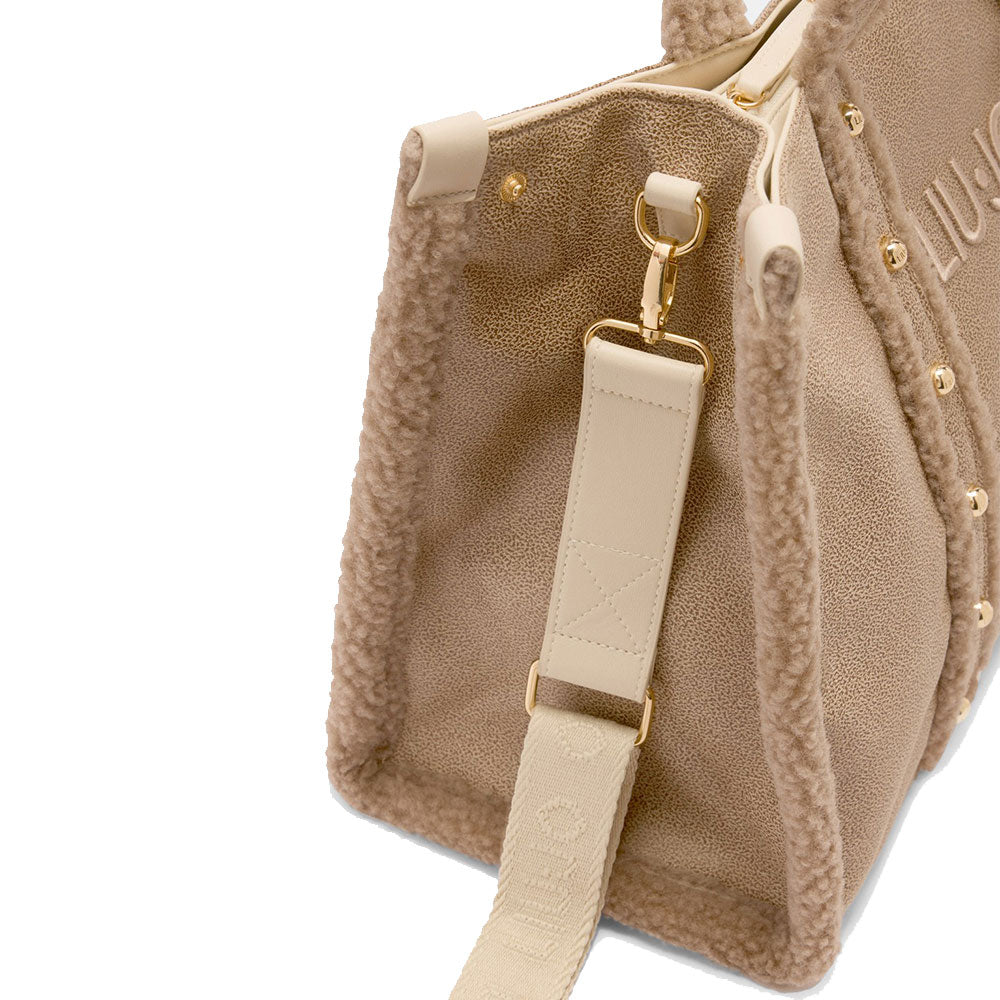 Shopping Bag Donna LIU JO in Tessuto Spalmato Effetto Montone e Inserti Teddy Beige Chiaro