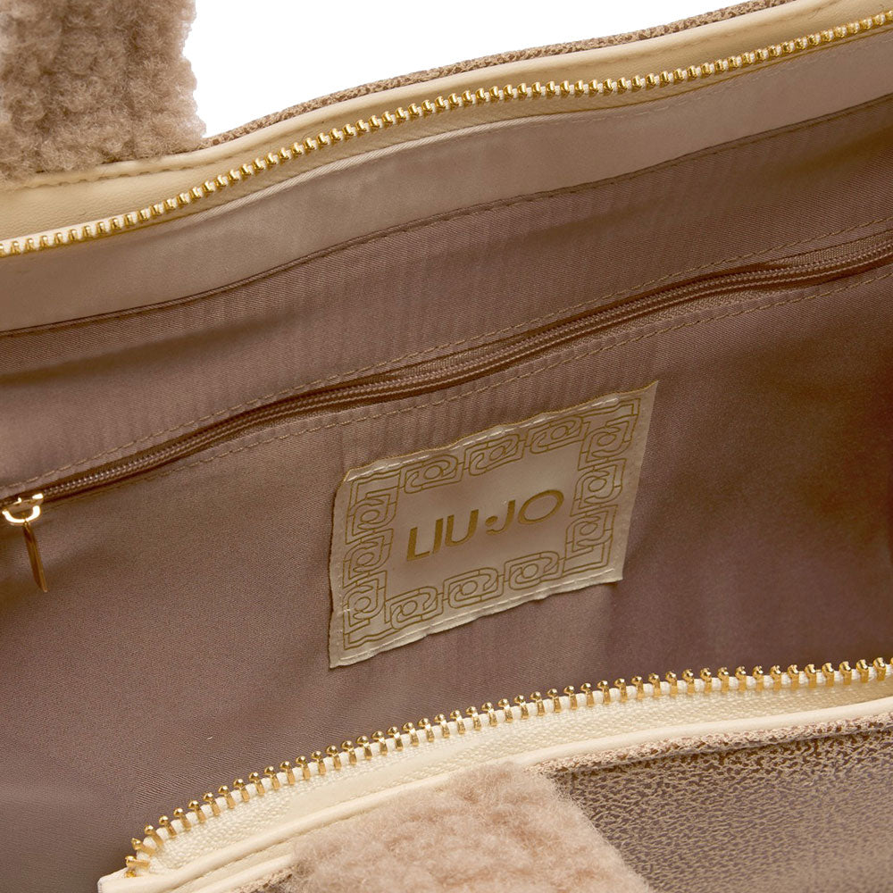 Shopping Bag Donna LIU JO in Tessuto Spalmato Effetto Montone e Inserti Teddy Beige Chiaro