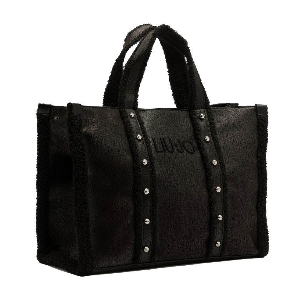 Shopping Bag Donna LIU JO in Tessuto Spalmato Effetto Montone e Inserti Teddy Nero