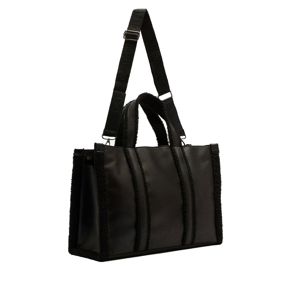 Shopping Bag Donna LIU JO in Tessuto Spalmato Effetto Montone e Inserti Teddy Nero