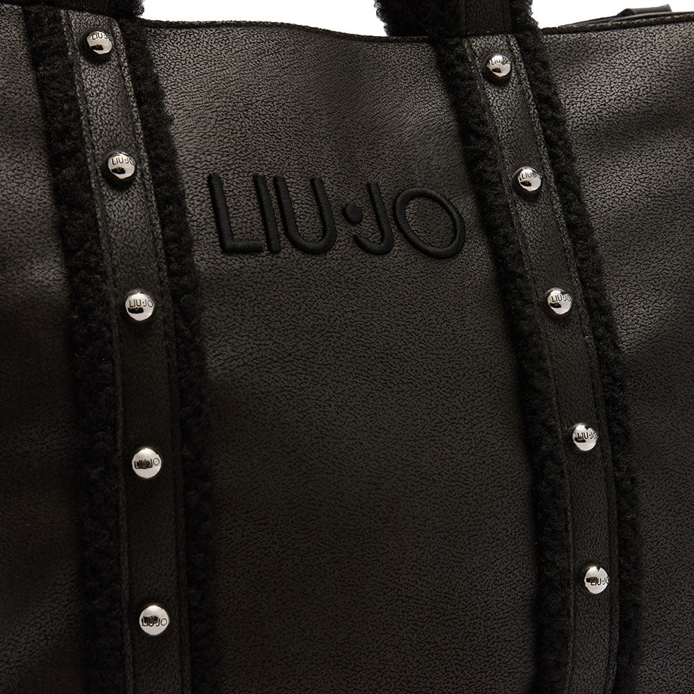 Shopping Bag Donna LIU JO in Tessuto Spalmato Effetto Montone e Inserti Teddy Nero
