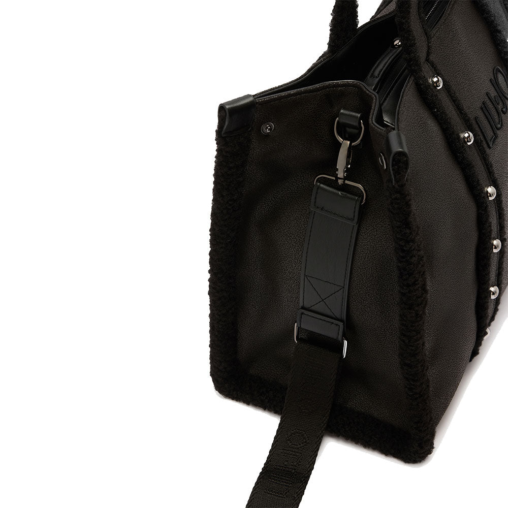 Shopping Bag Donna LIU JO in Tessuto Spalmato Effetto Montone e Inserti Teddy Nero
