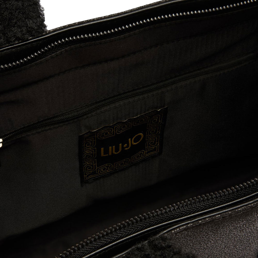 Shopping Bag Donna LIU JO in Tessuto Spalmato Effetto Montone e Inserti Teddy Nero