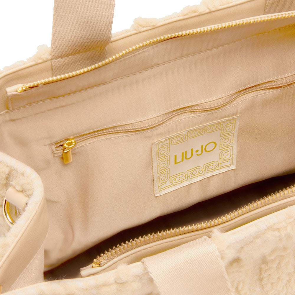 Shopping Bag Donna LIU JO in Tessuto Misto Lana con Logo in Teddy All Over Beige