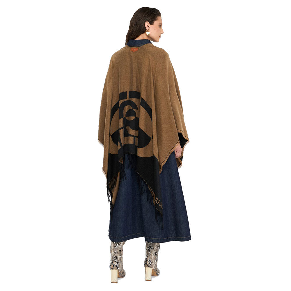 Poncho Donna LIU JO in Tessuto color Cammello con Logo Monogram e Frange