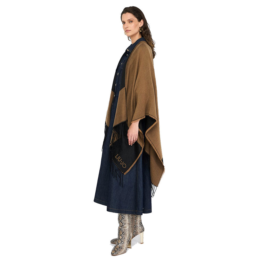 Poncho Donna LIU JO in Tessuto color Cammello con Logo Monogram e Frange