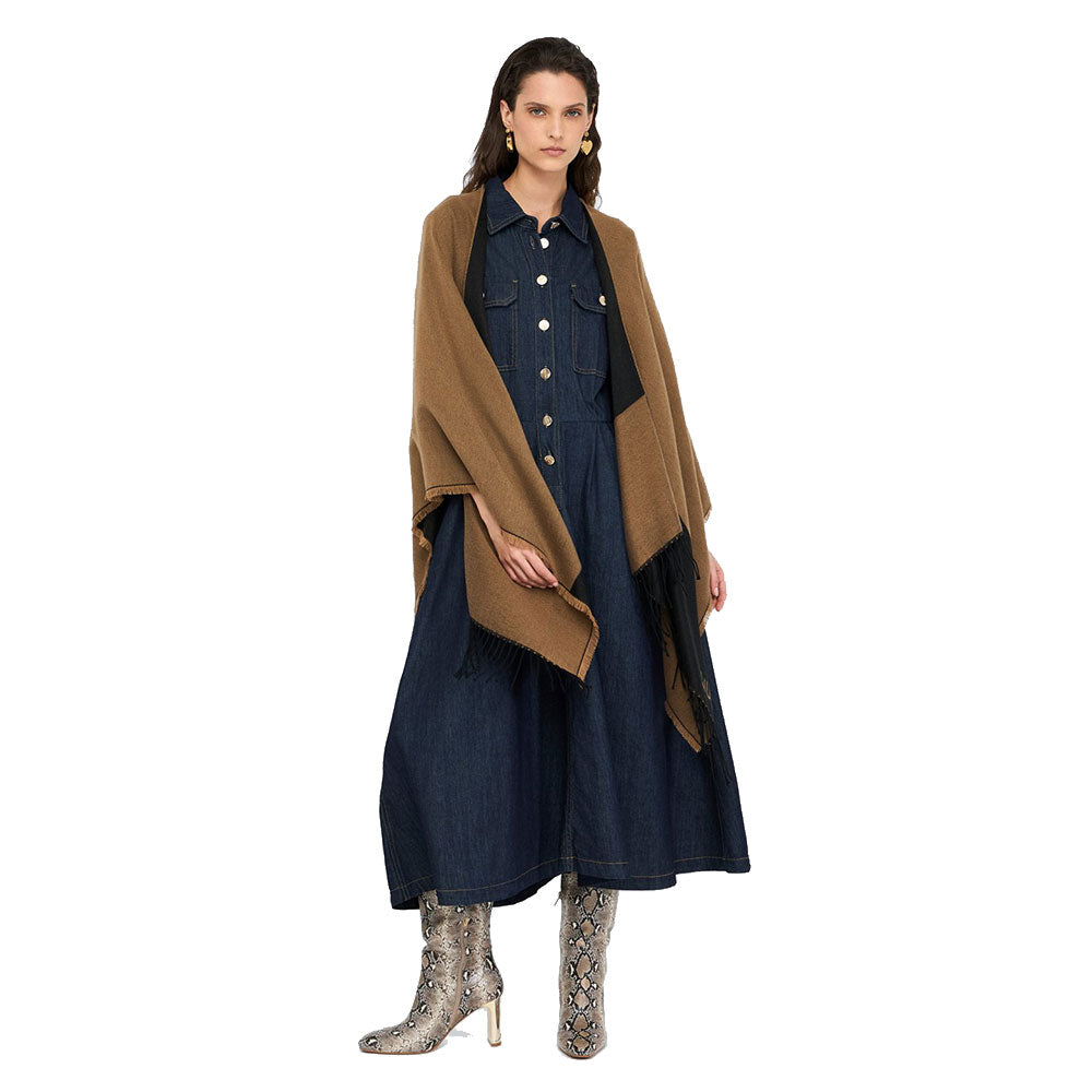 Poncho Donna LIU JO in Tessuto color Cammello con Logo Monogram e Frange