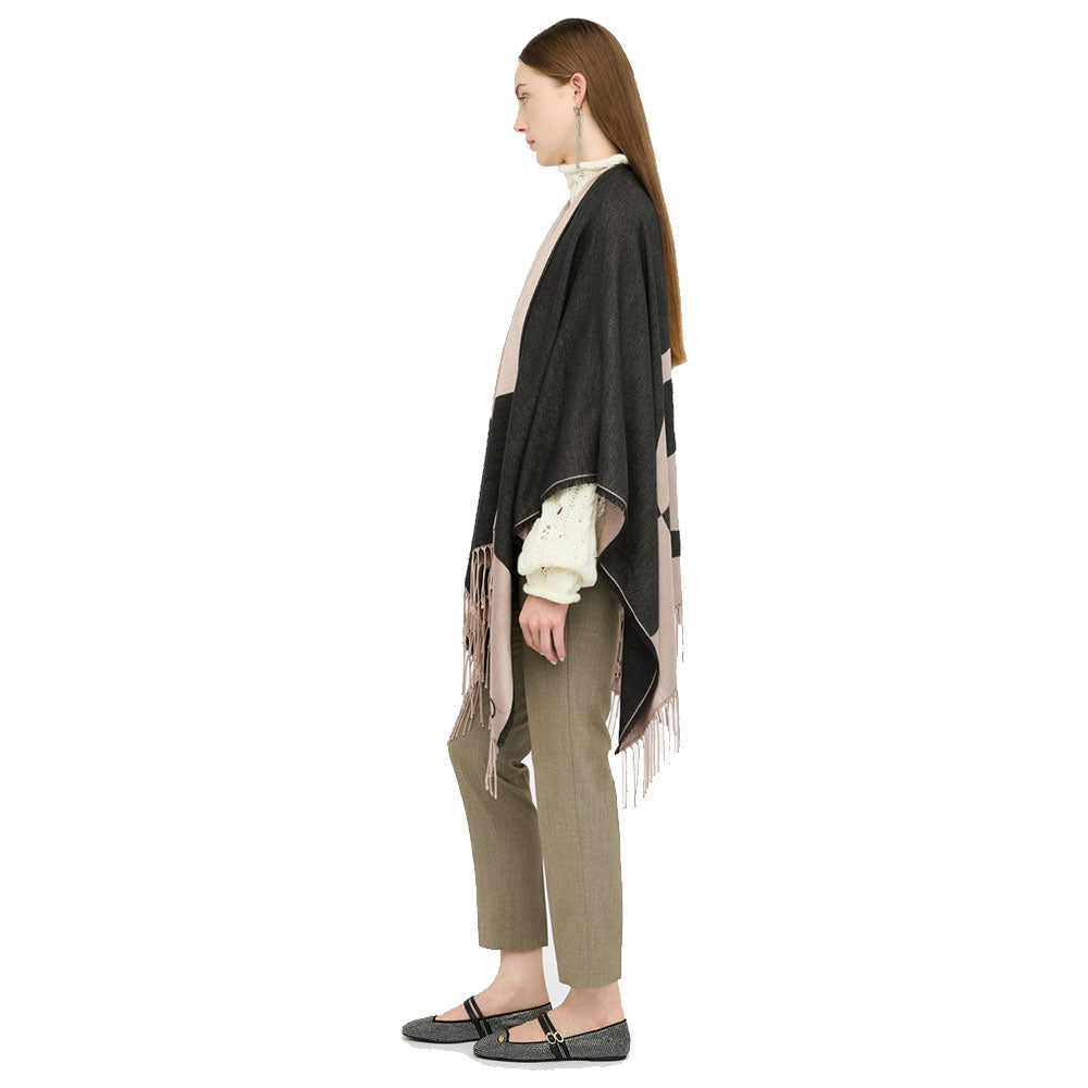 Poncho Donna LIU JO in Tessuto Nero con Logo Monogram e Frange