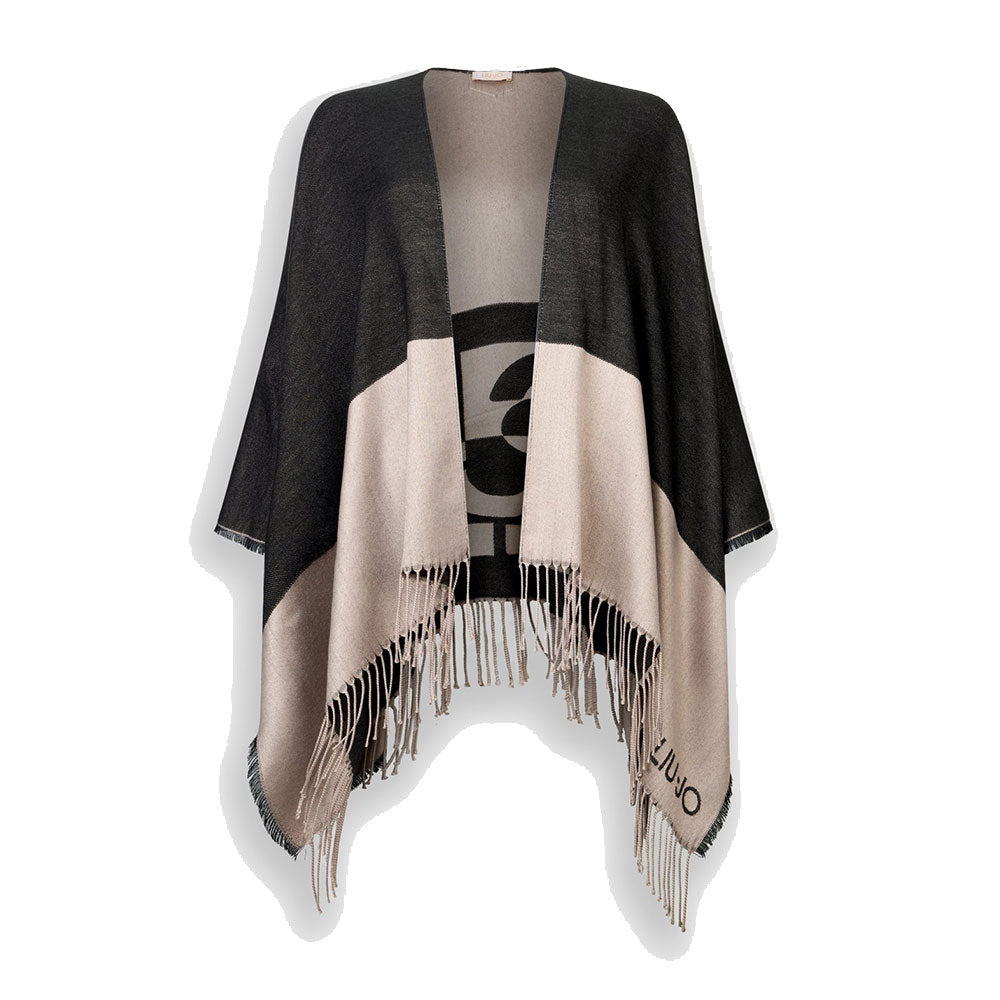 Poncho Donna LIU JO in Tessuto Nero con Logo Monogram e Frange
