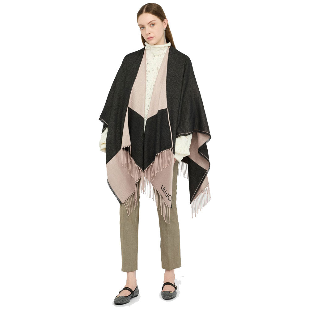Poncho Donna LIU JO in Tessuto Nero con Logo Monogram e Frange