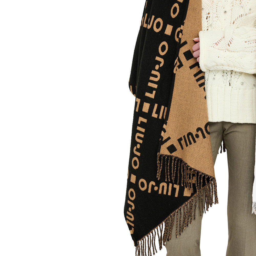 Poncho Donna LIU JO in Tessuto Nero con Logo Jacquard e Frange