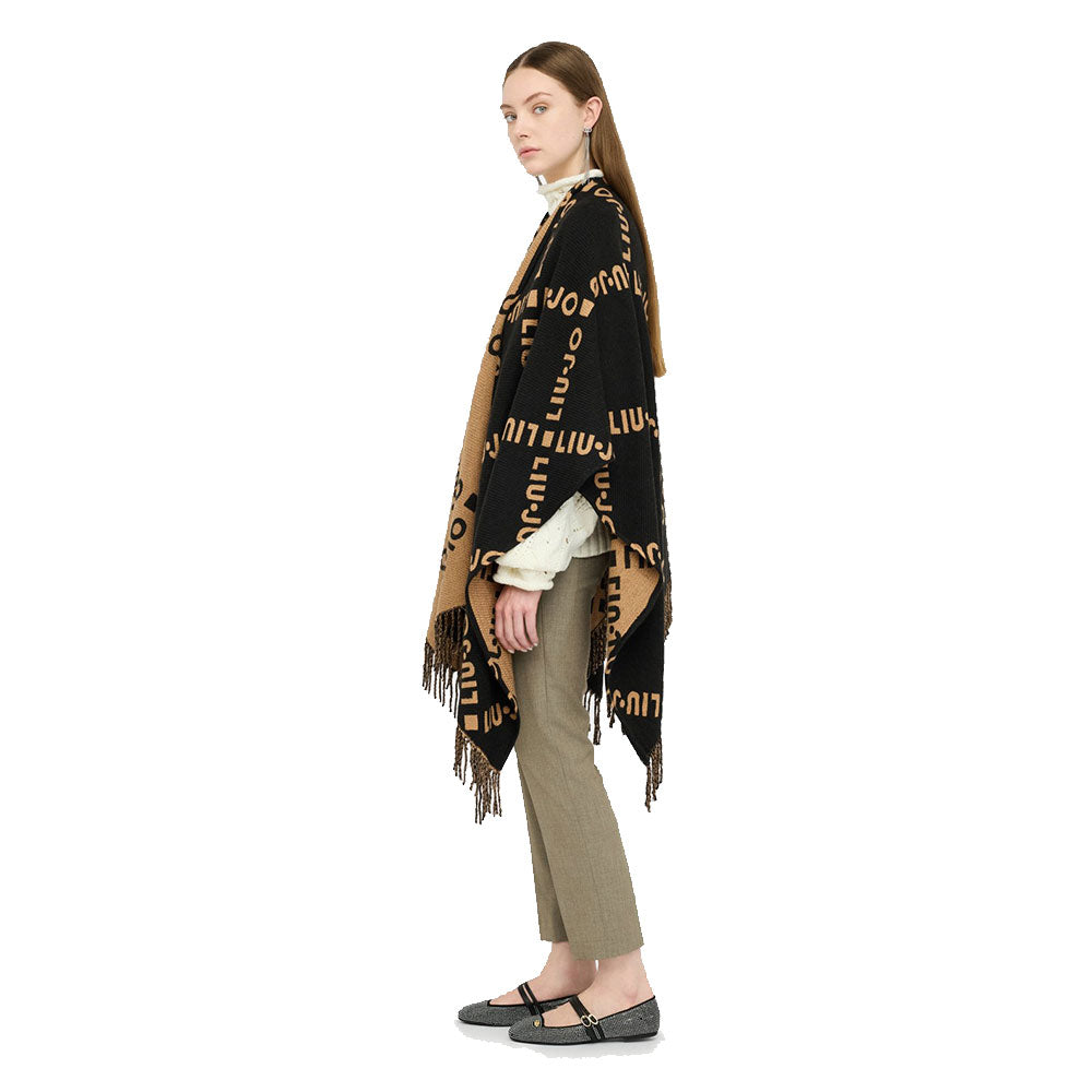 Poncho Donna LIU JO in Tessuto Nero con Logo Jacquard e Frange