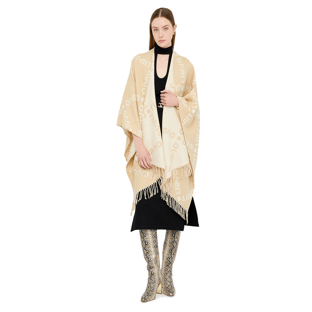 Poncho Donna LIU JO in Tessuto Beige Chiaro con Logo Jacquard e Frange