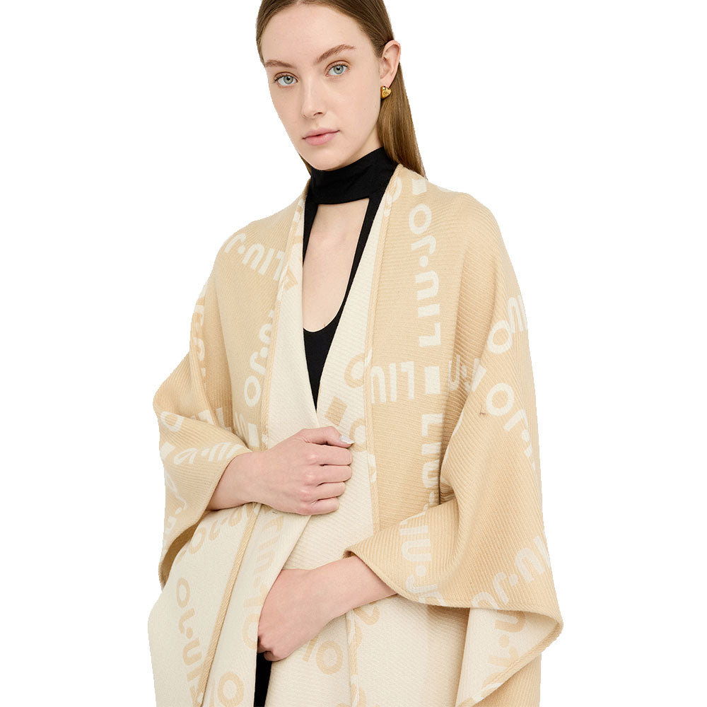 Poncho Donna LIU JO in Tessuto Beige Chiaro con Logo Jacquard e Frange