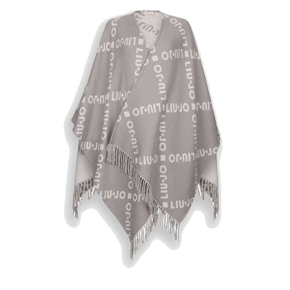 Poncho Donna LIU JO in Tessuto Grigio con Logo Jacquard e Frange
