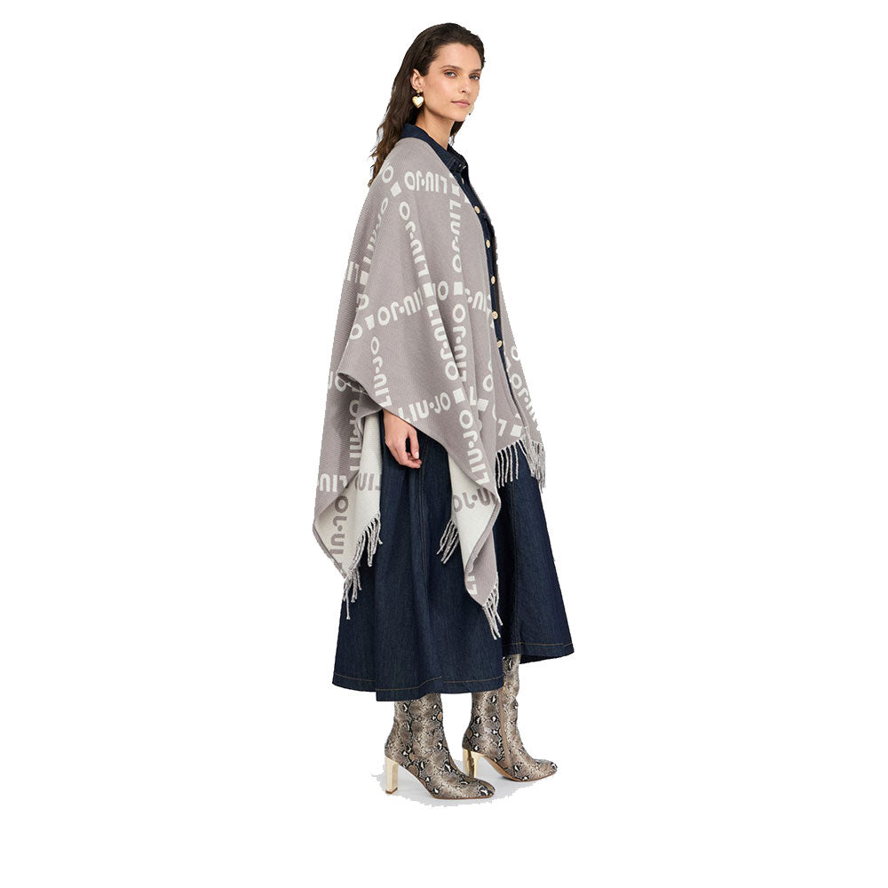 Poncho Donna LIU JO in Tessuto Grigio con Logo Jacquard e Frange