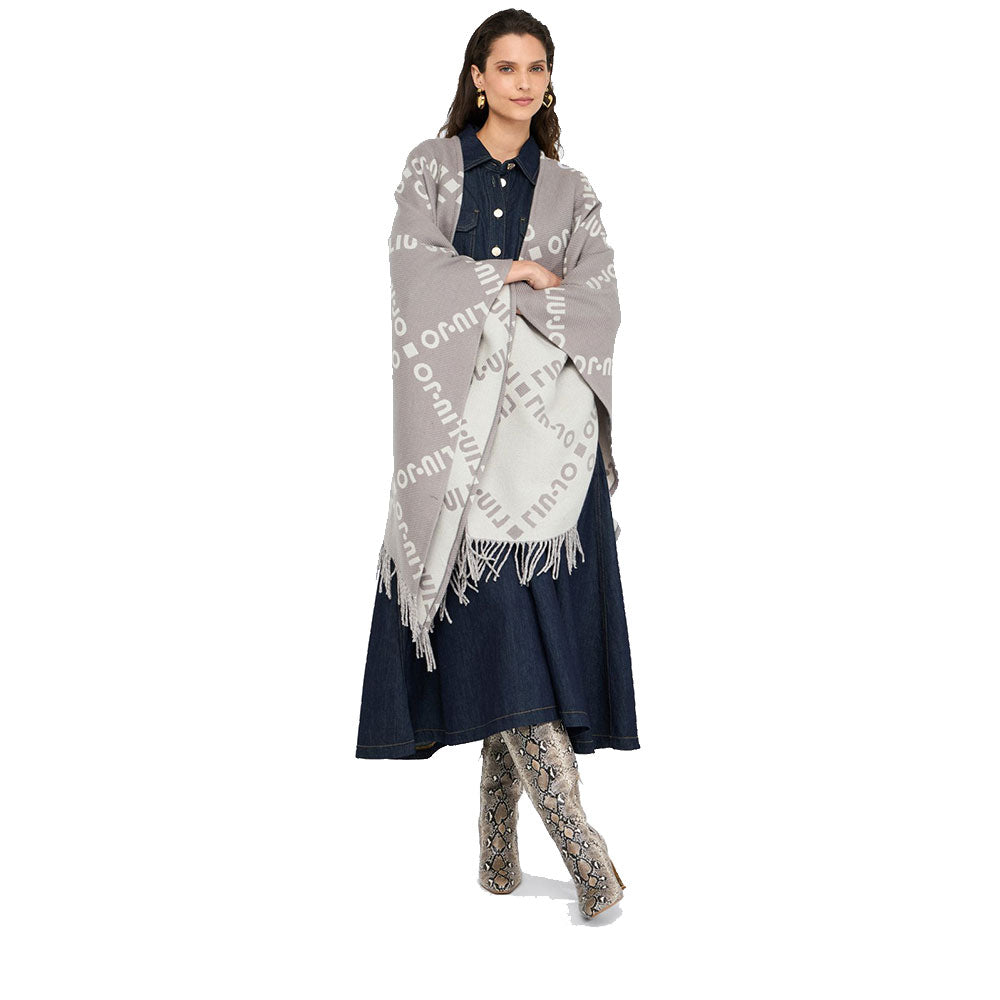 Poncho Donna LIU JO in Tessuto Grigio con Logo Jacquard e Frange