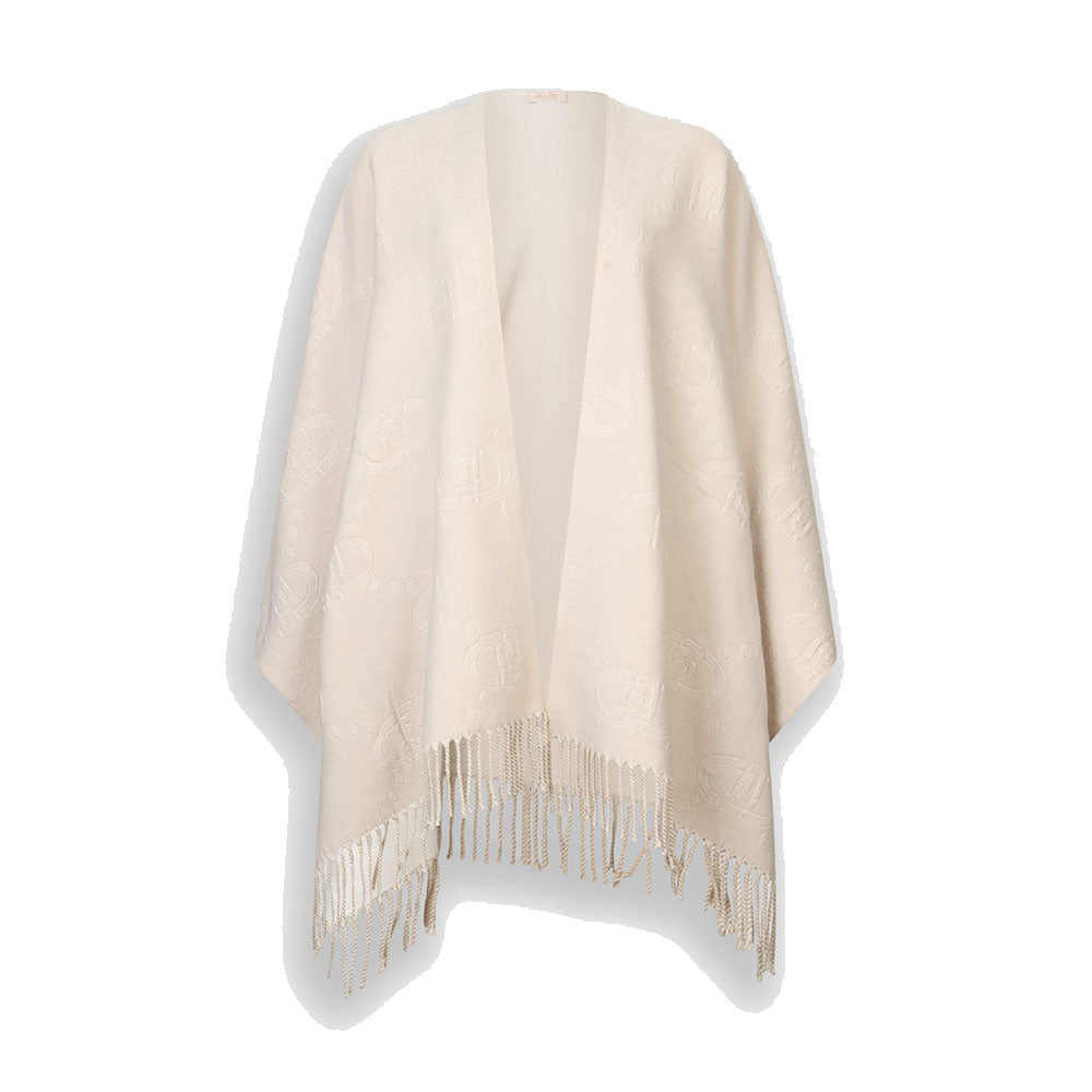 Poncho Donna LIU JO in Tessuto Beige con Logo in Rilevo e Frange