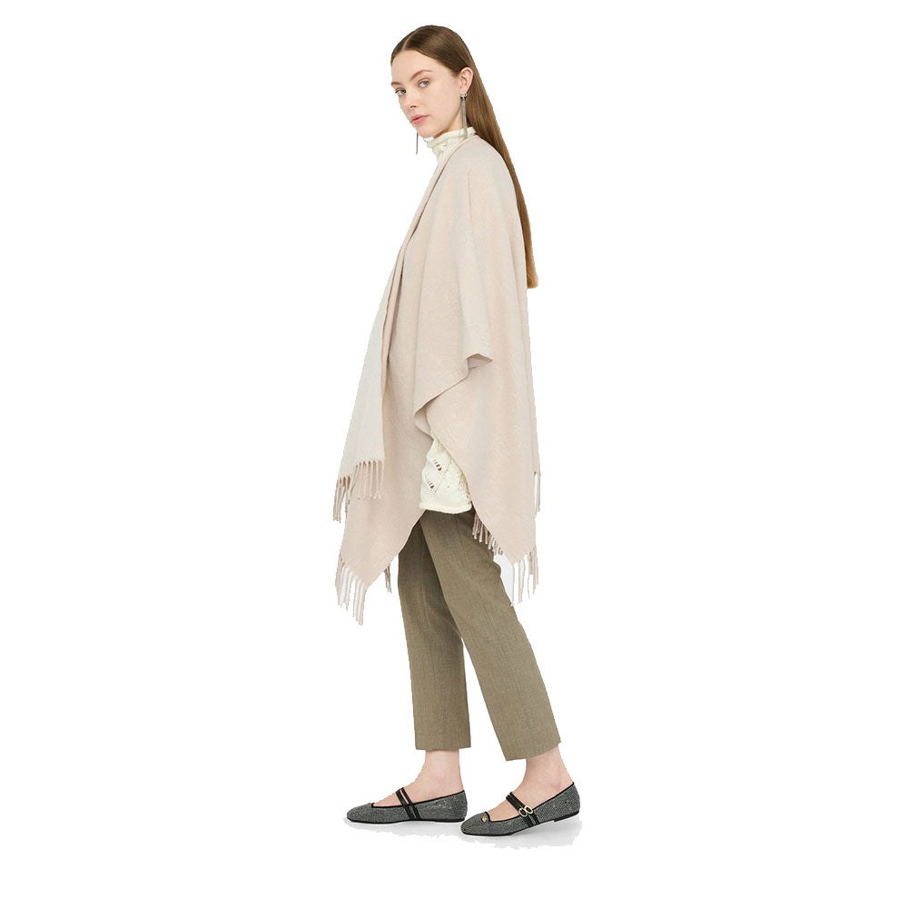 Poncho Donna LIU JO in Tessuto Beige con Logo in Rilevo e Frange