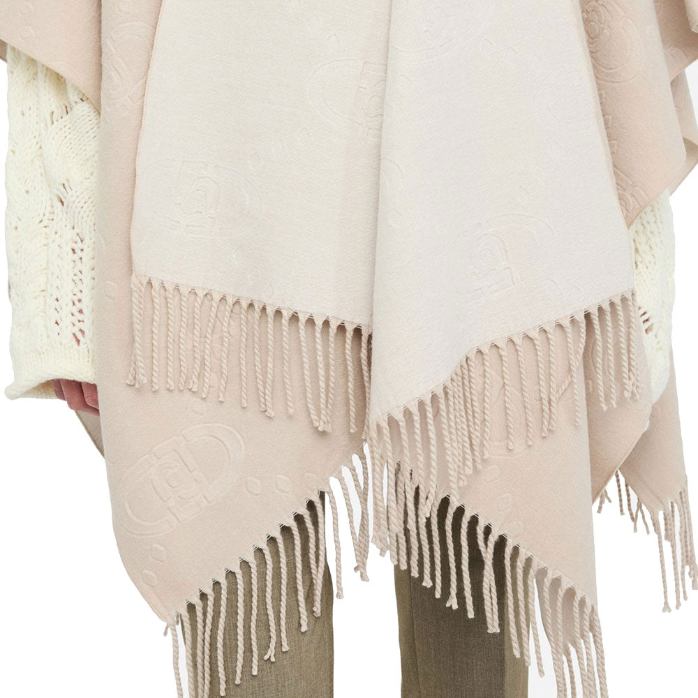 Poncho Donna LIU JO in Tessuto Beige con Logo in Rilevo e Frange
