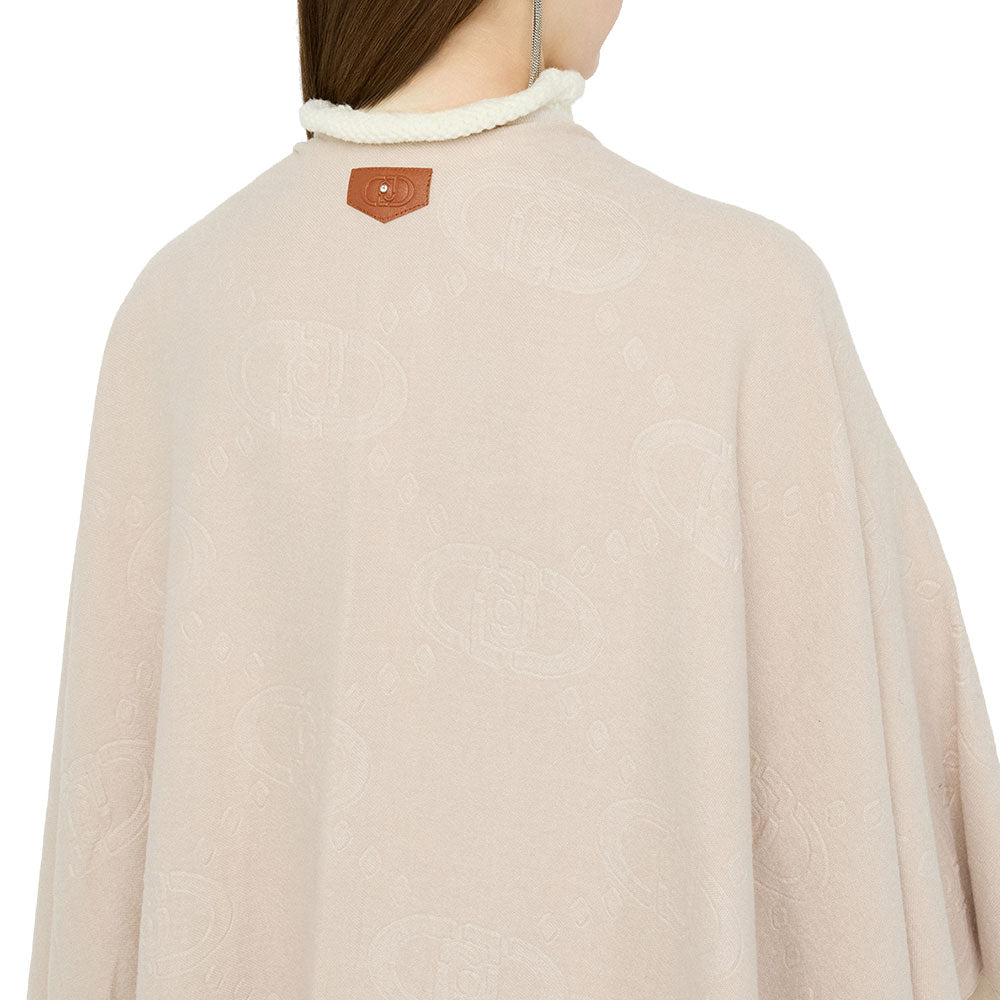 Poncho Donna LIU JO in Tessuto Beige con Logo in Rilevo e Frange
