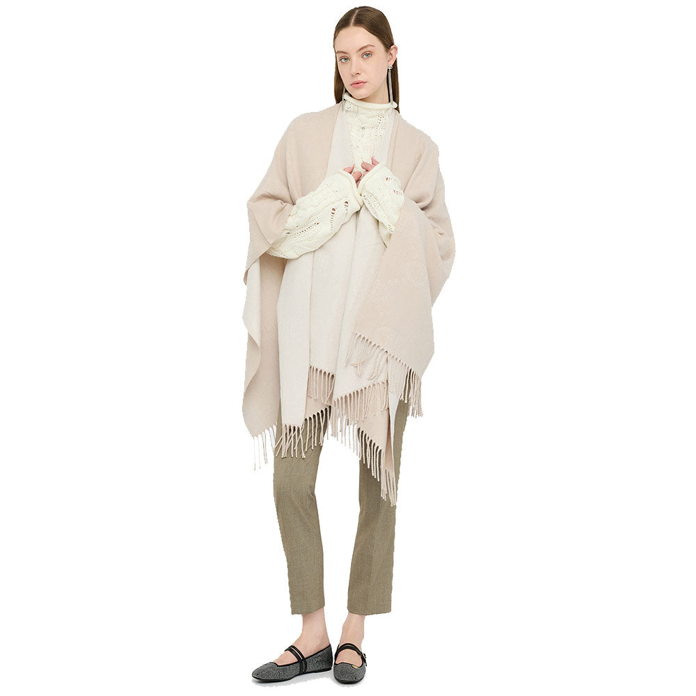 Poncho Donna LIU JO in Tessuto Beige con Logo in Rilevo e Frange
