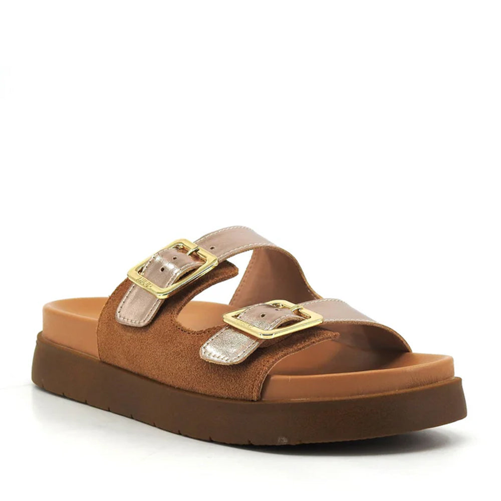 Ciabatte Bicolor LIU JO Penny 756 in Suede Cognac e Inserti Metallizzati Skin