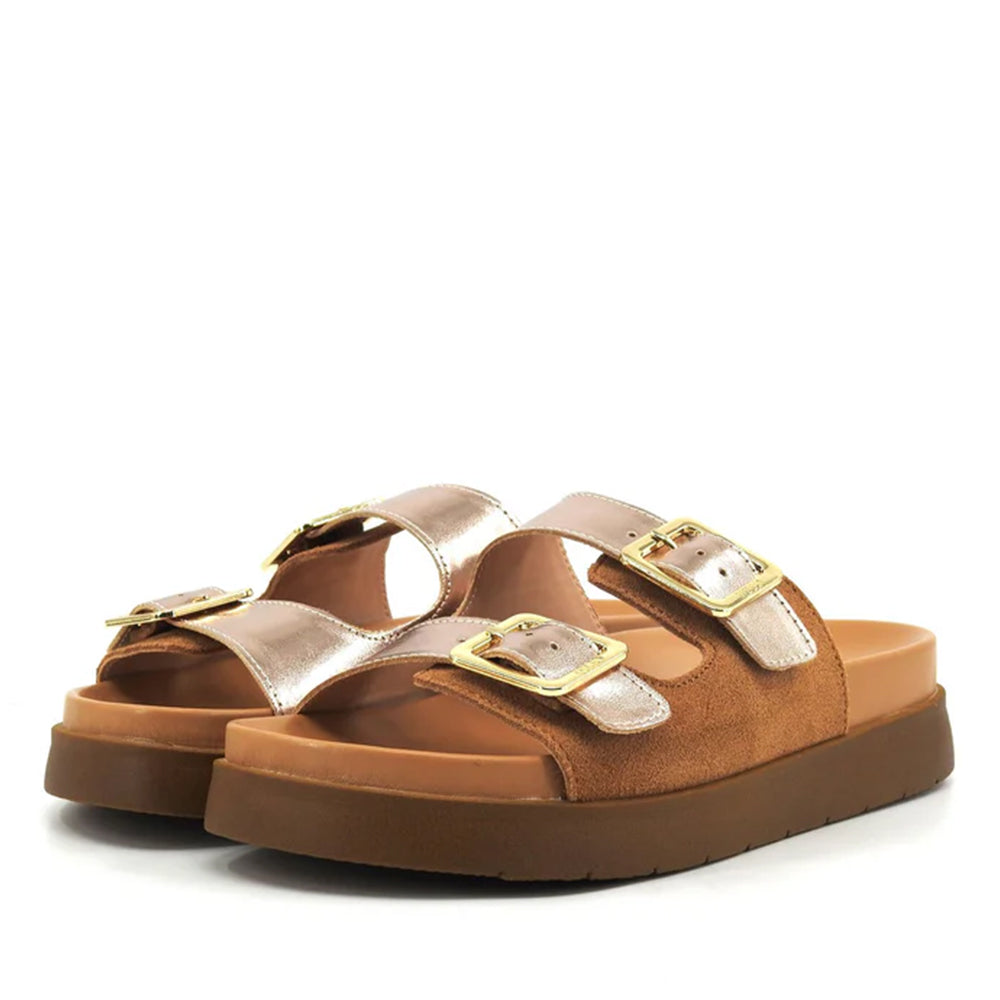 Ciabatte Bicolor LIU JO Penny 756 in Suede Cognac e Inserti Metallizzati Skin