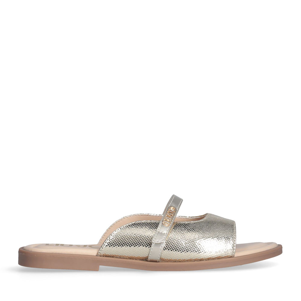 LIU JO – Flache Sandalen Amira 933 mit laminiertem Effekt und hellgoldenem Python-Print