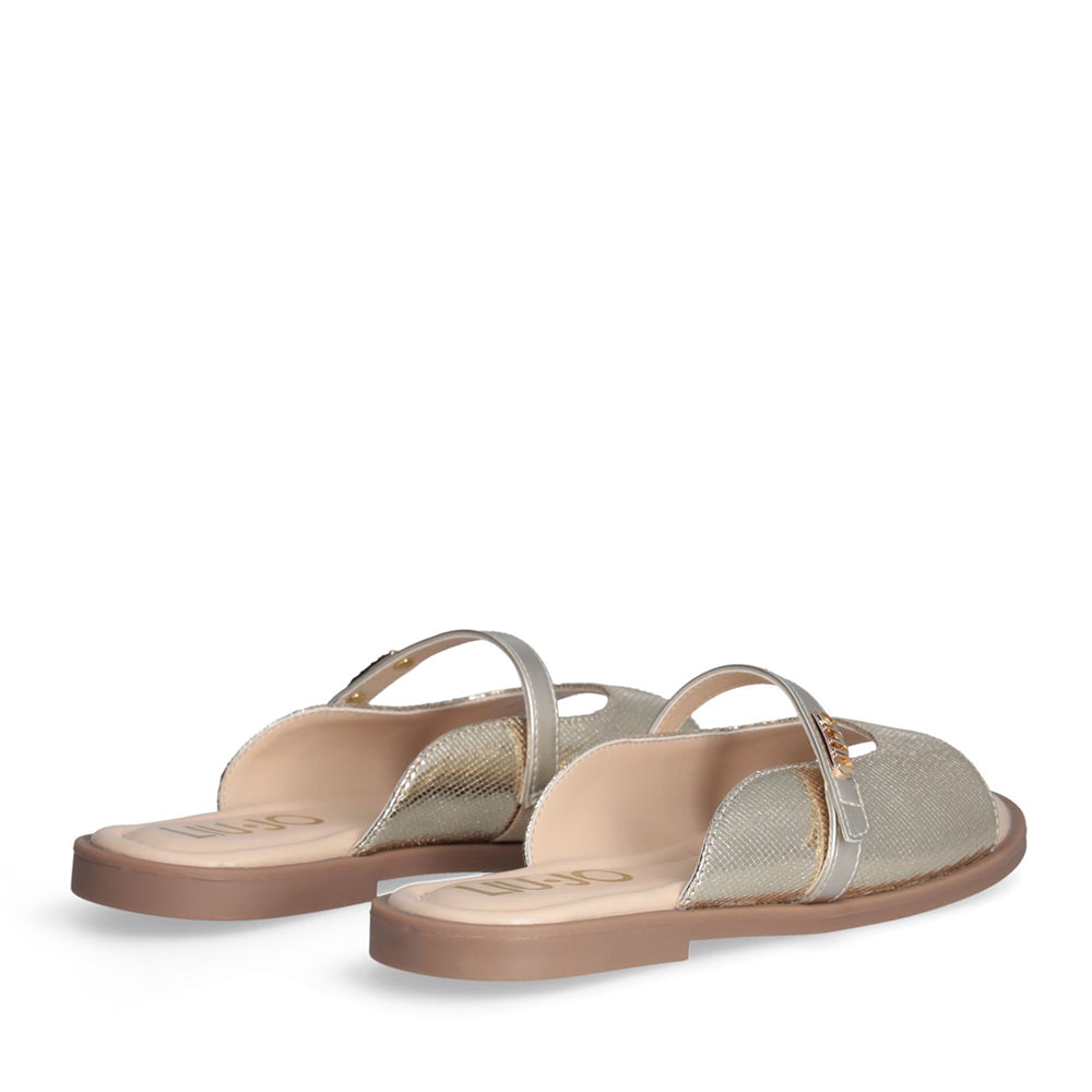 LIU JO – Flache Sandalen Amira 933 mit laminiertem Effekt und hellgoldenem Python-Print