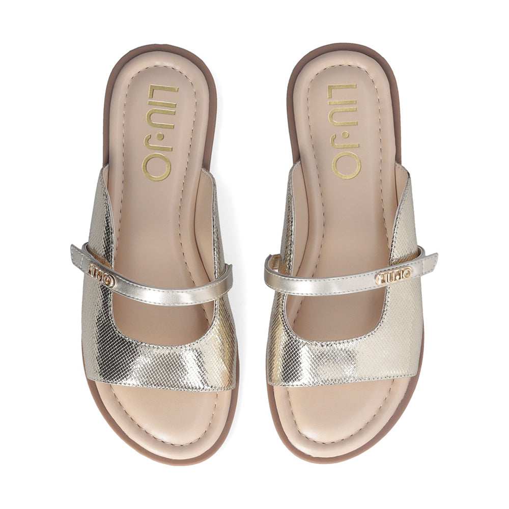 LIU JO – Flache Sandalen Amira 933 mit laminiertem Effekt und hellgoldenem Python-Print